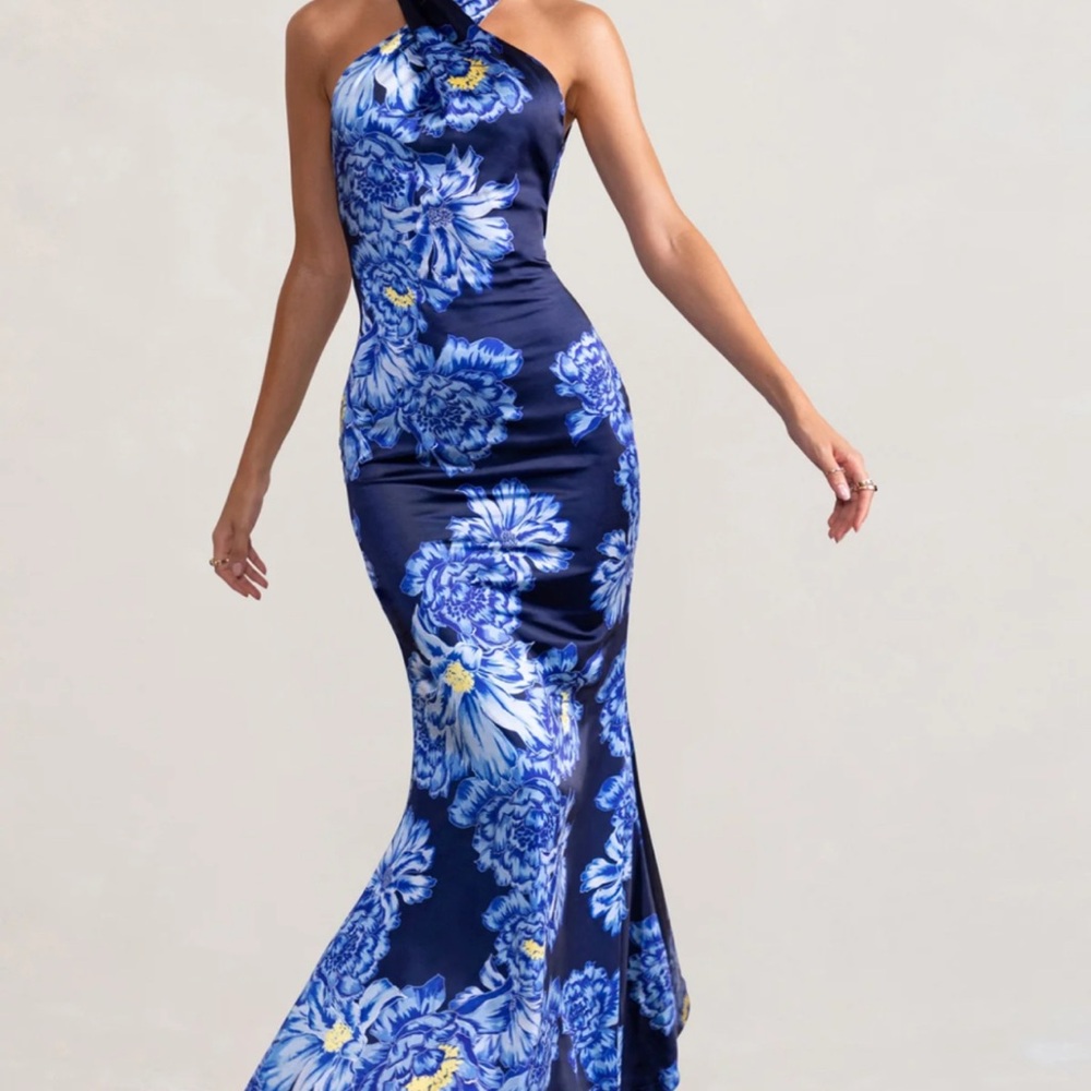 Club L London Elegant Blue Floral Halter Long Dress
